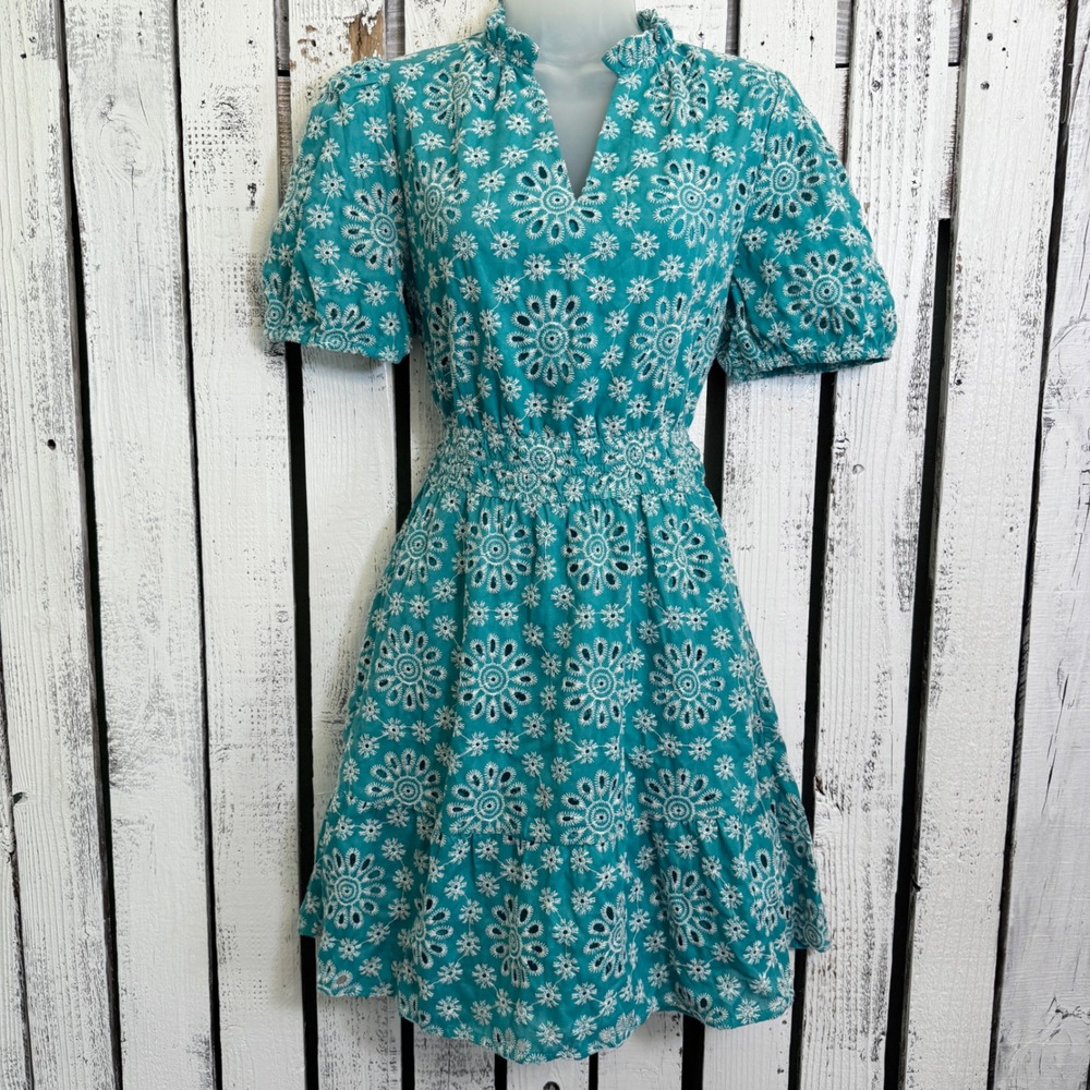 Simplee Teal Eyelet Floral Mini Dress lSmocked Waist Puff Sleeve
